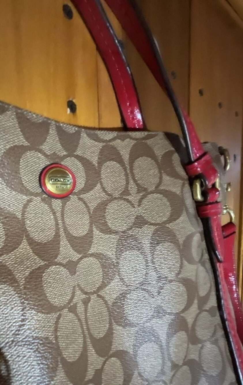 Coach Peyton Signature Khaki and Red Trim Convertible Shoulder Tote Bag